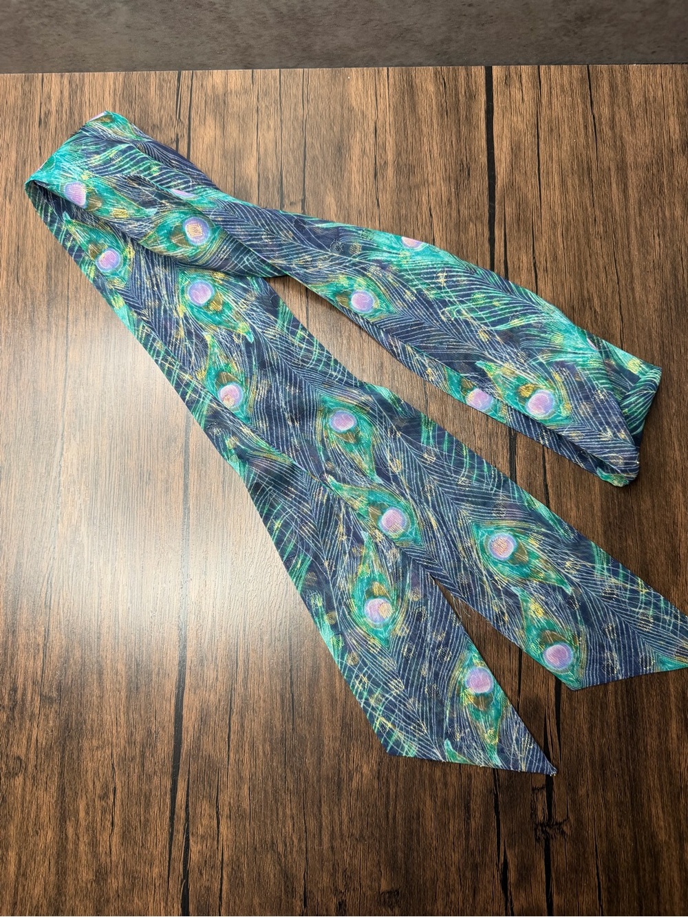 Vintage Peacock Print scarf or Tie Belt in Blue-Green